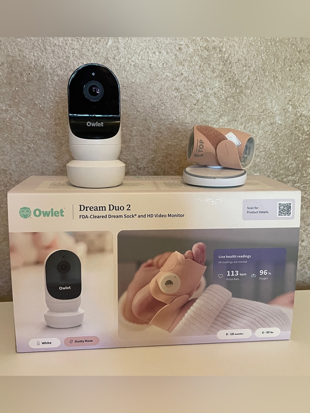 Owlet Dream Duo 2 Baby Monitor & Dream Sock - White and Dusty Rose